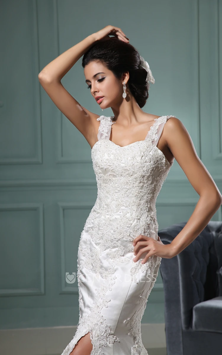 Strap Neckline Sweetheart Mermaid Satin Wedding Gown With Lace Appliques