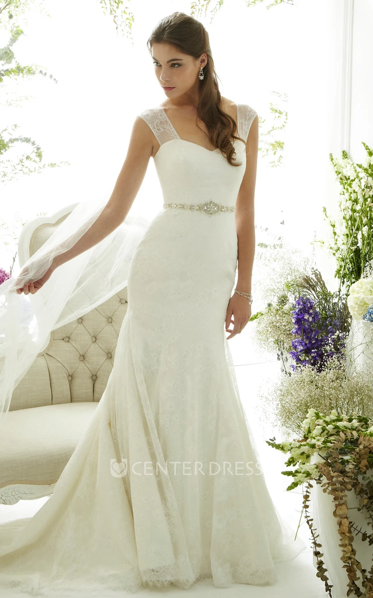 Trumpet Queen Anne Sleeveless Floor-Length Lace Wedding Dress With Waist Jewellery And Illusion