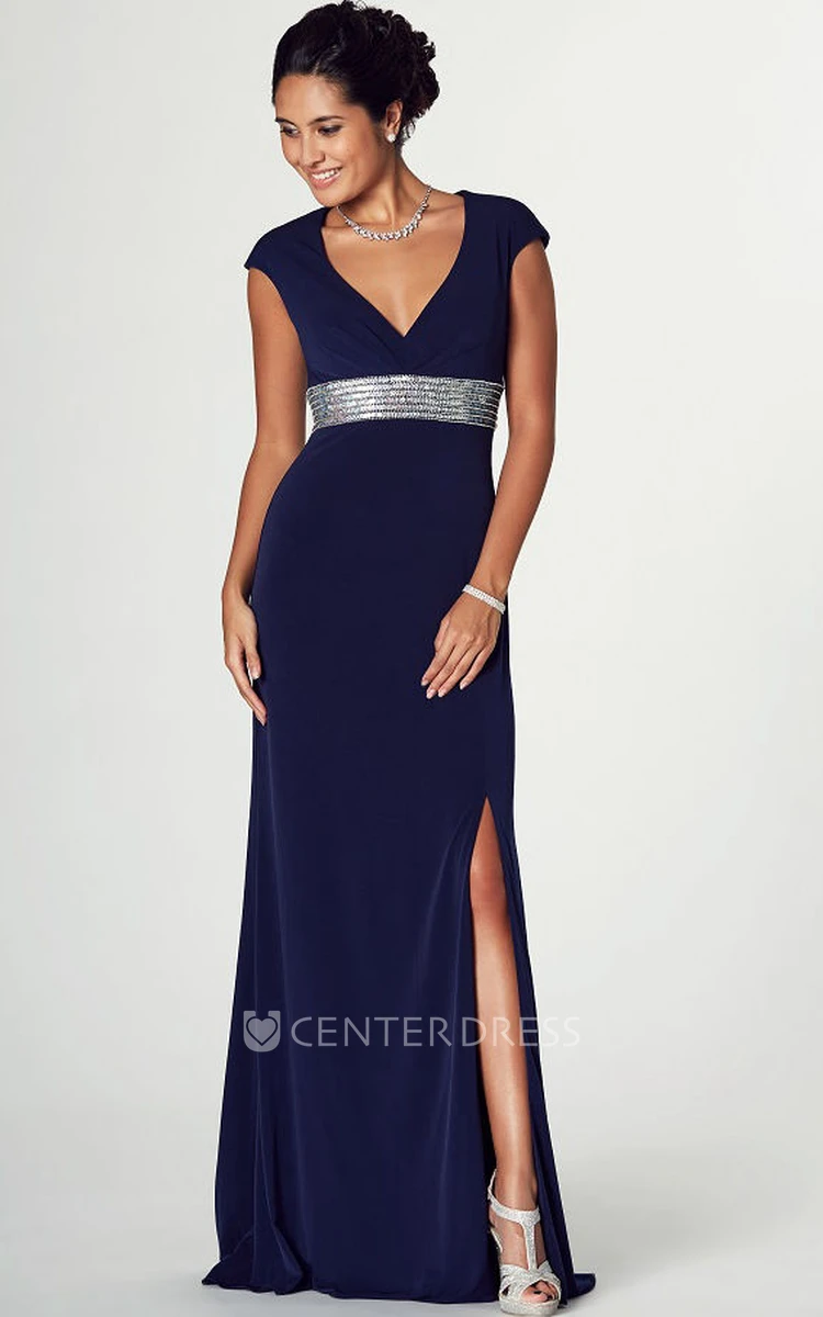 Floor-Length Cap Sleeve V-Neck Jeweled Jersey Prom Dress With Brush Train
