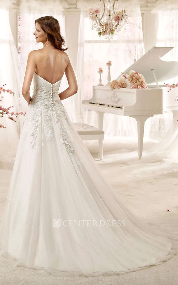 Sweetheart A-line Wedding Dress with Beaded Appliques and Brush Train
