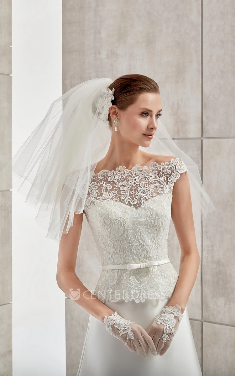 Jewel-Neck Cap-Sleeve Satin Wedding Dress With Lace Bodice