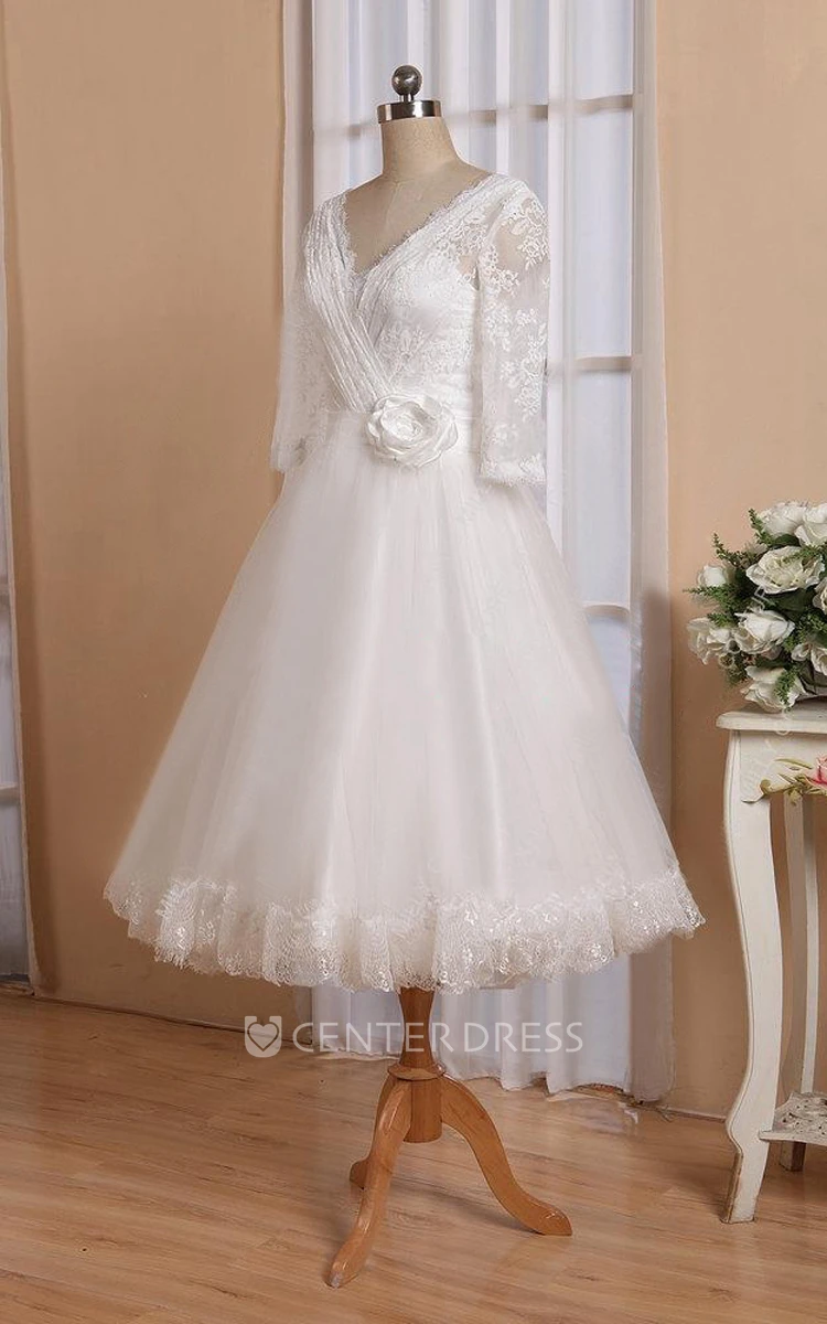V-Neck Half Sleeve Button Back Tulle Wedding Dress With Sash And Flower