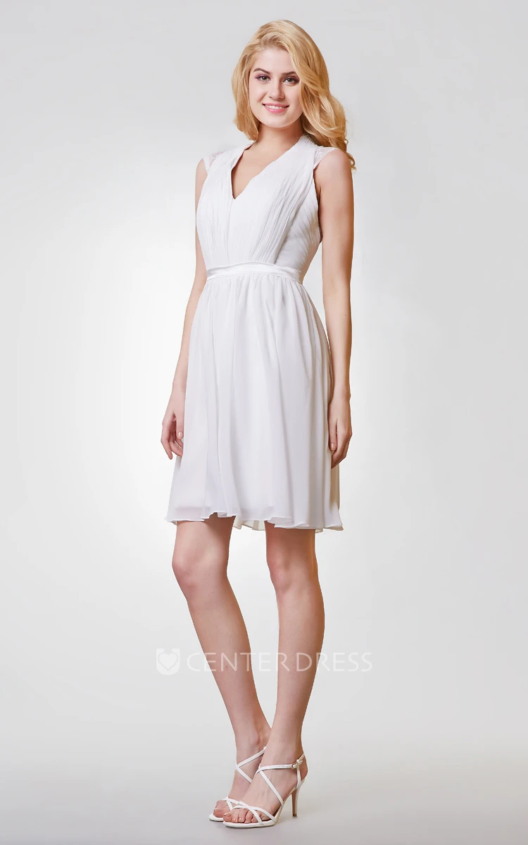 V-neck Appliqued A-line Short Chiffon Dress With Keyhole and Ruching