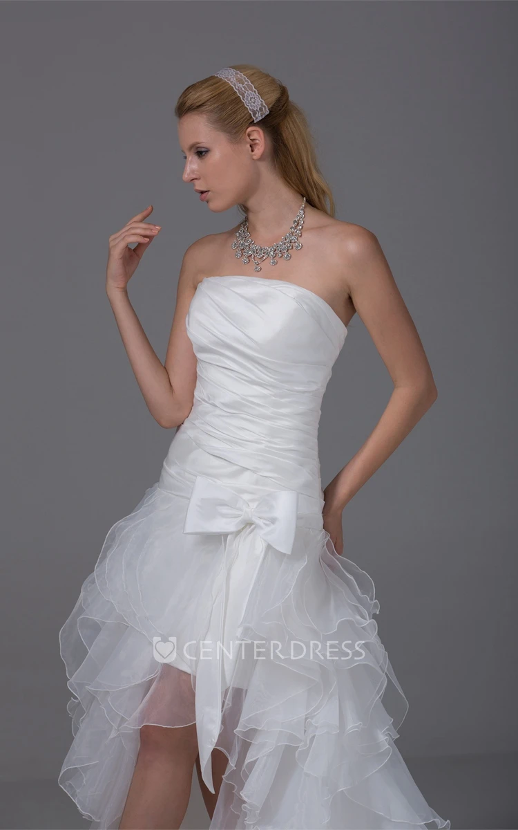 High-Low Strapless Ruffled Organza Prom Dress with Ruching and Bow
