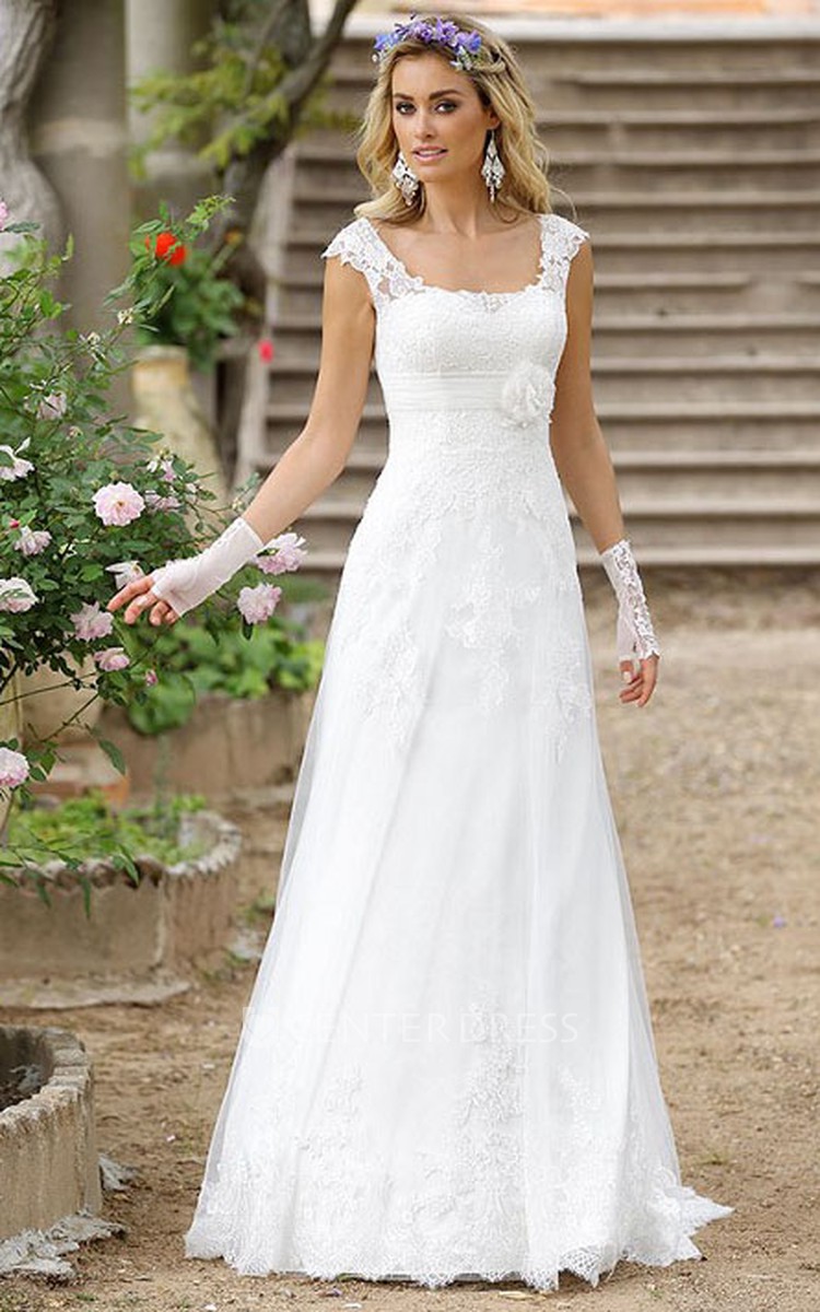 A Line Floor Length Cap Sleeve Square Neck Lace Wedding Dress With