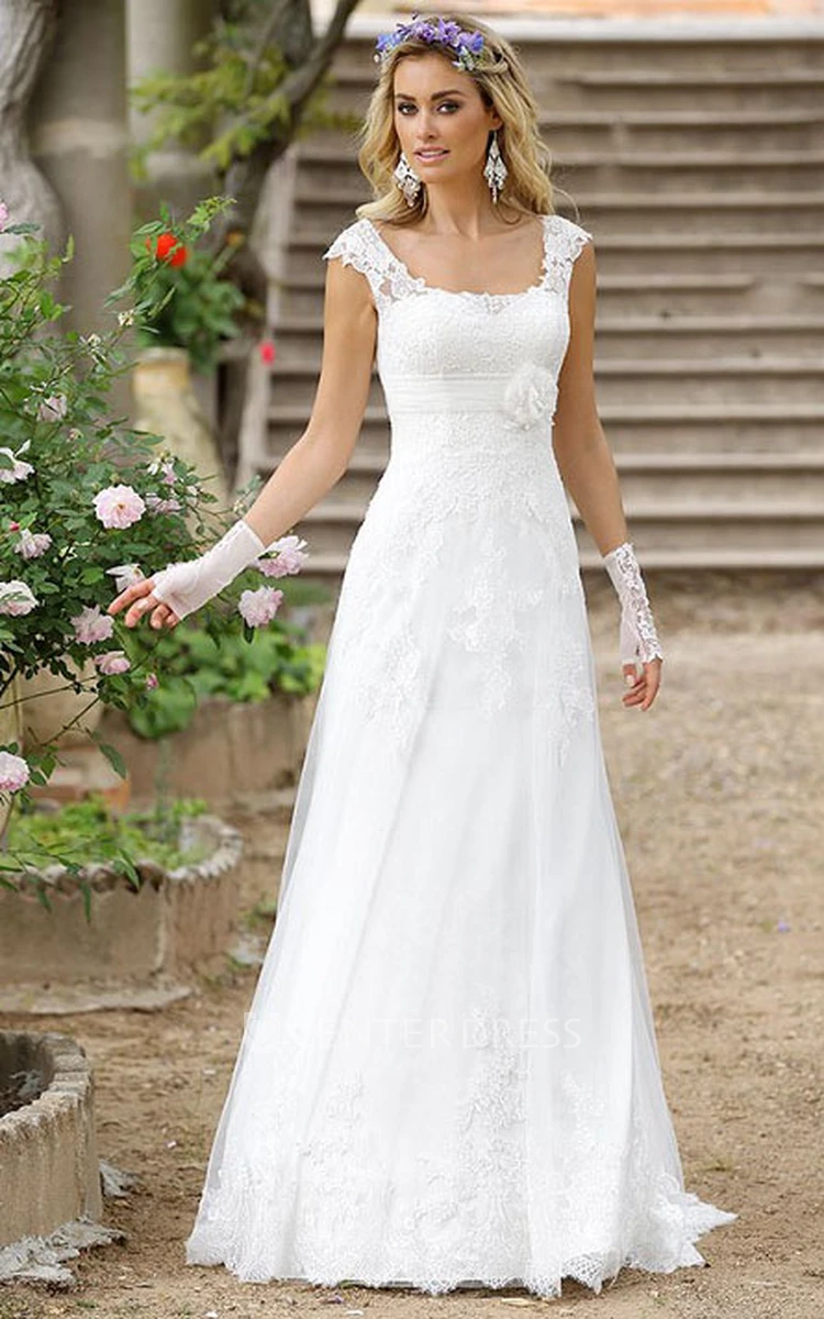 A-line V neck Lace Applique Wedding Dress Rustic Country Wedding