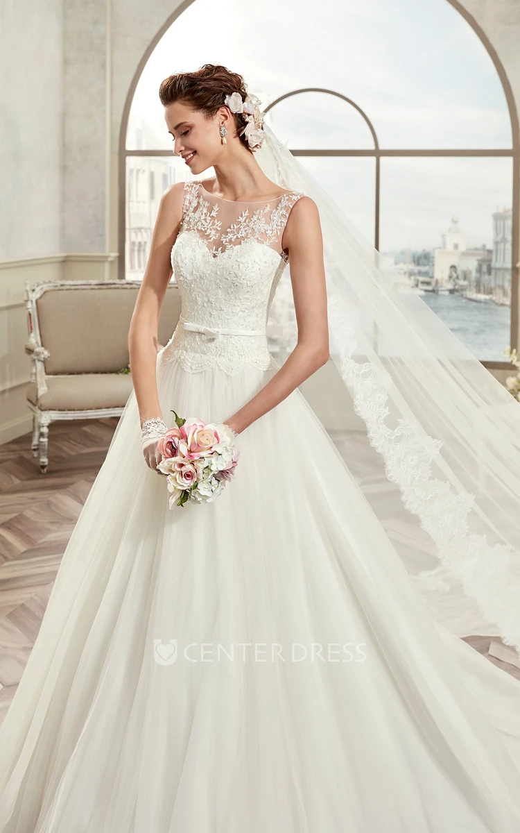 Cap Sleeve A-Line Bridal Gown With Illusive Design And Puffy Skirt
