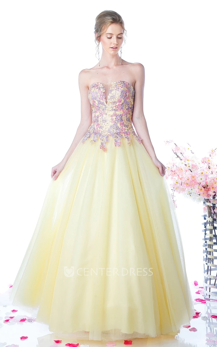Ball Gown Strapless Tulle Satin Low-V Back Dress With Appliques And Beading