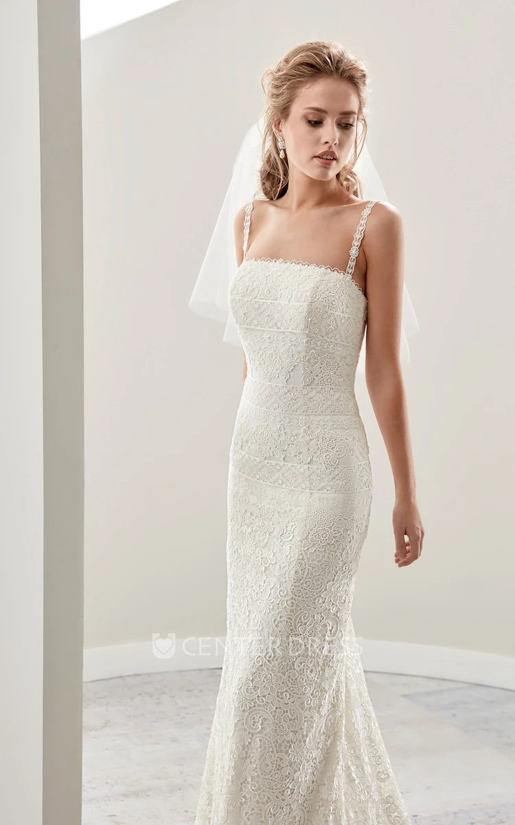 Fine Lace Sheath Bridal Gown With Spaghetti Straps And Low Back