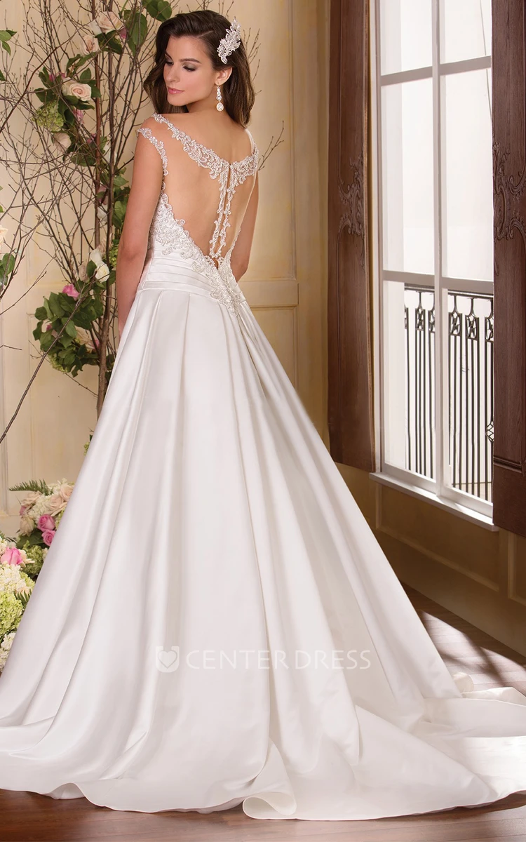 Cap-Sleeved Bateau-Neck A-Line Wedding Dress With Jeweled Illusion Neck