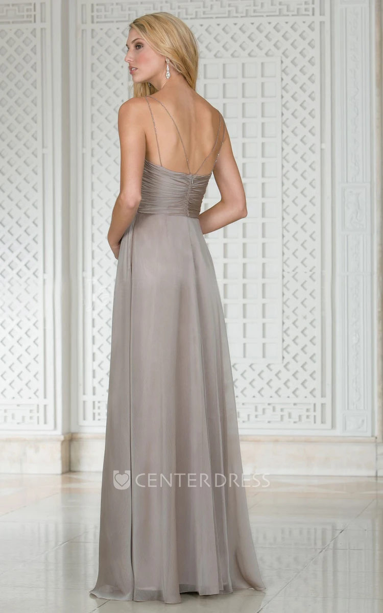 V-Neck Sleeveless A-Line Bridesmaid Dress With Illusion Straps And Pleats