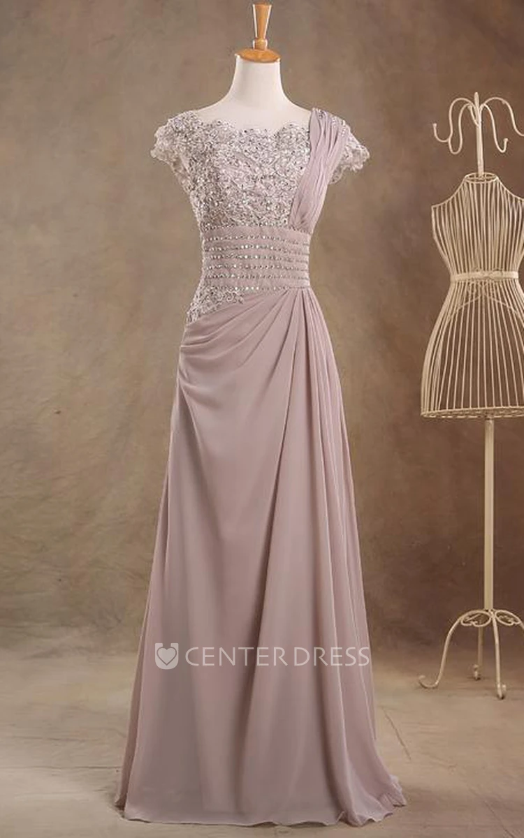 Jewel Cap Sleeve Empire Single Strap A-line Chiffon Long Dress With Beaded Top