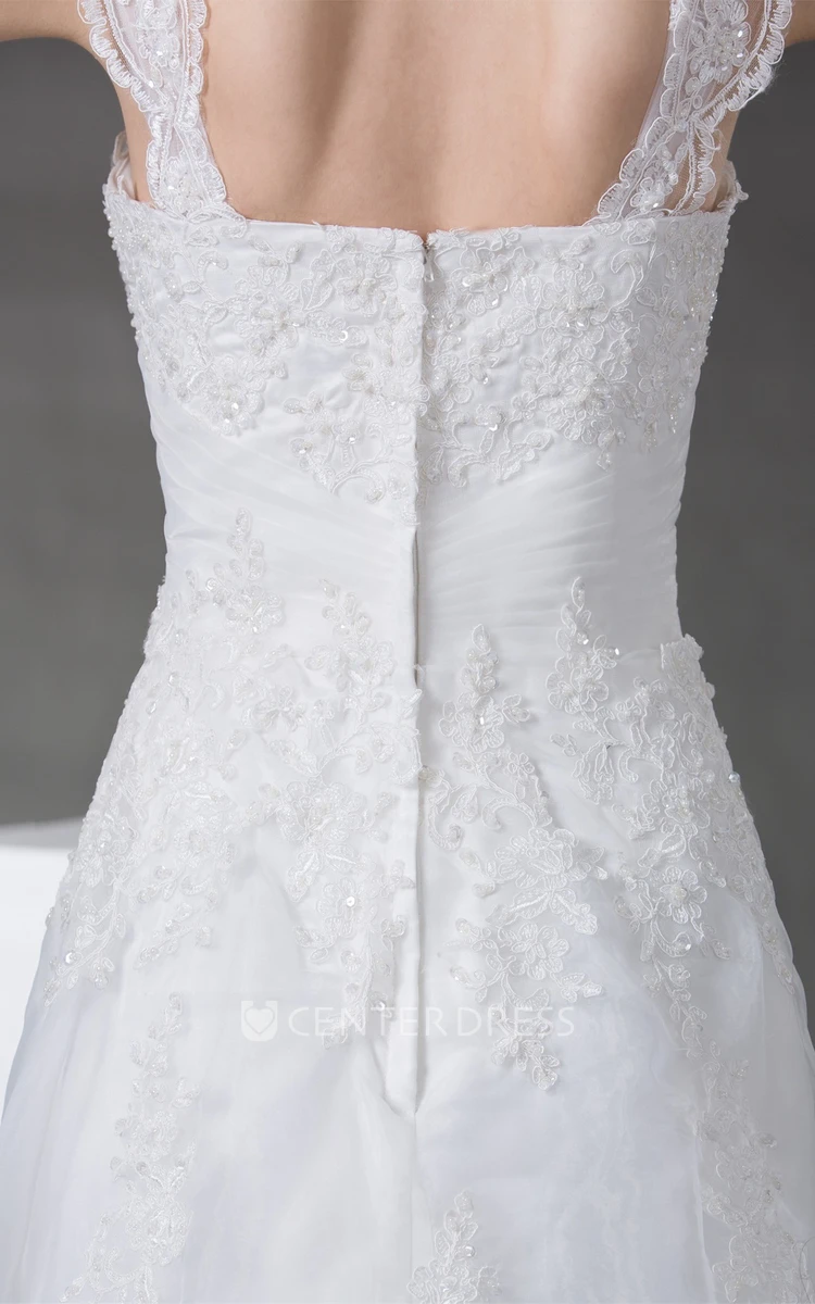 Strapped Sleeveless Lace A-Line Wedding Gown with Ruching and Beading