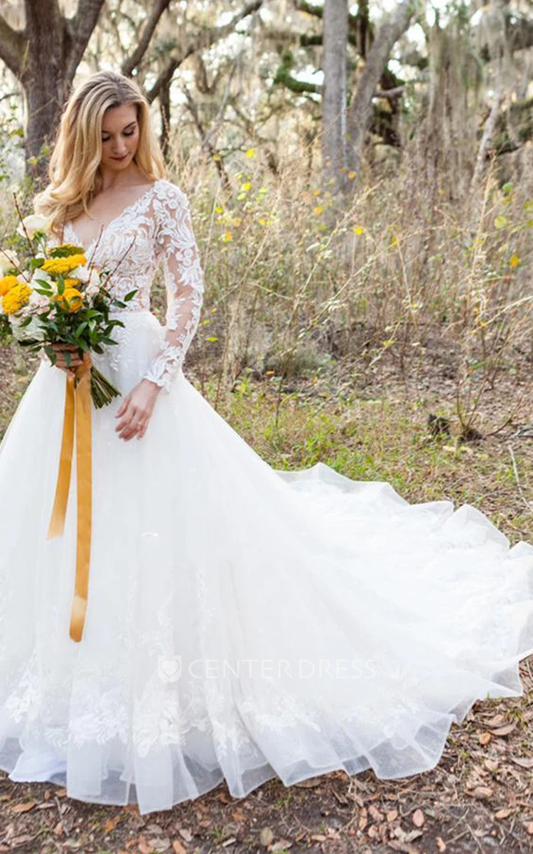Lace Tulle V-neck A Line Long Sleeve Court Train Wedding Dress With Appliques