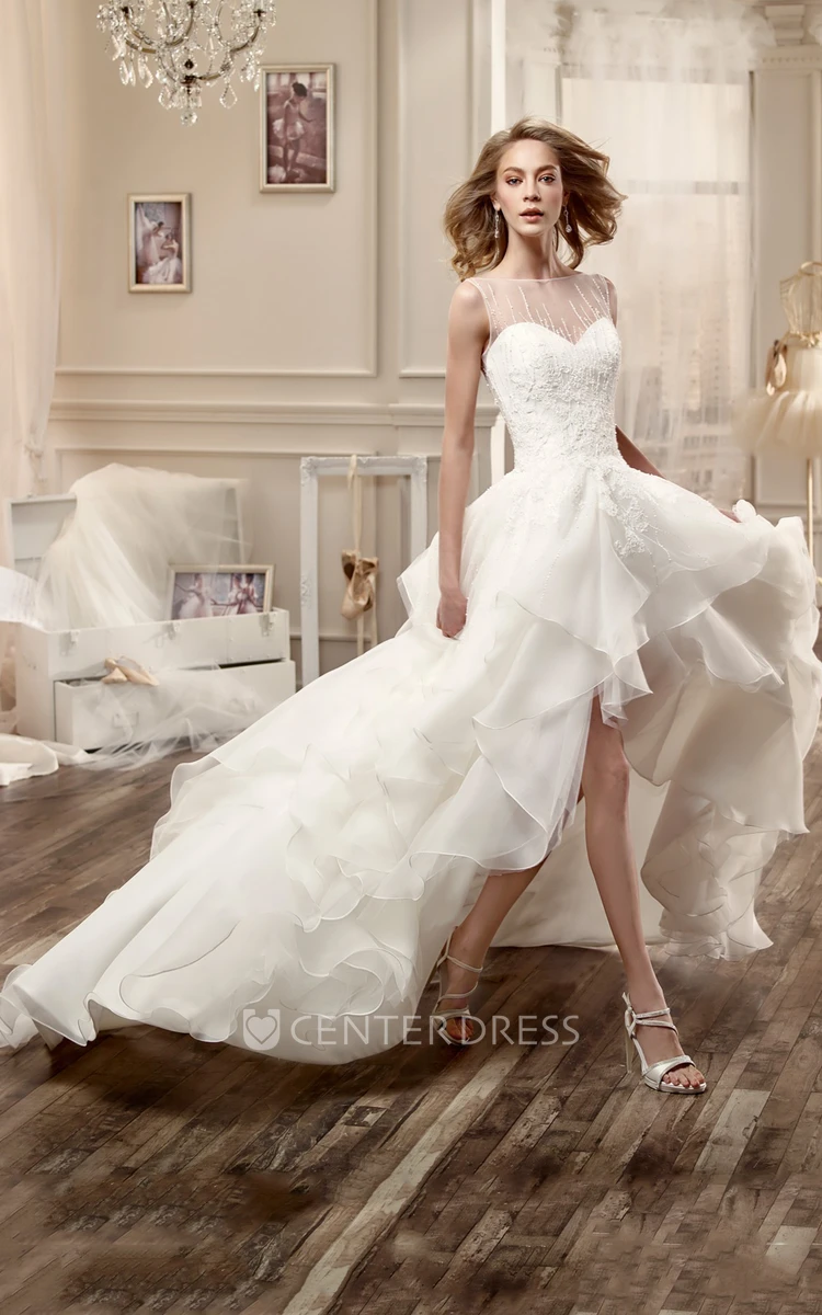 Jewel-Neck High-Low Wedding Dress With Cascading Ruffles And Beaded Bodice  - UCenter Dress