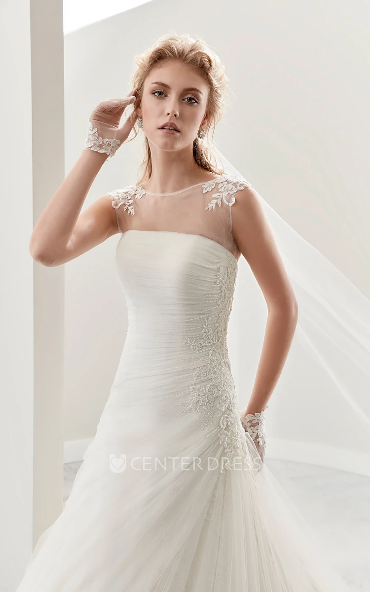 Cap Sleeve Pleated Bridal Gown With Side Draping And Illusion Neckline And Back