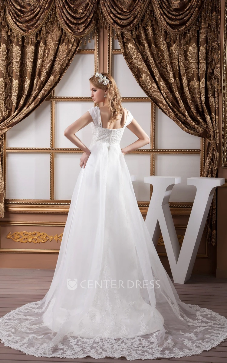 Cap-Sleeve Empire A-Line Tulle Lace Wedding Gown with Appliques and Beading