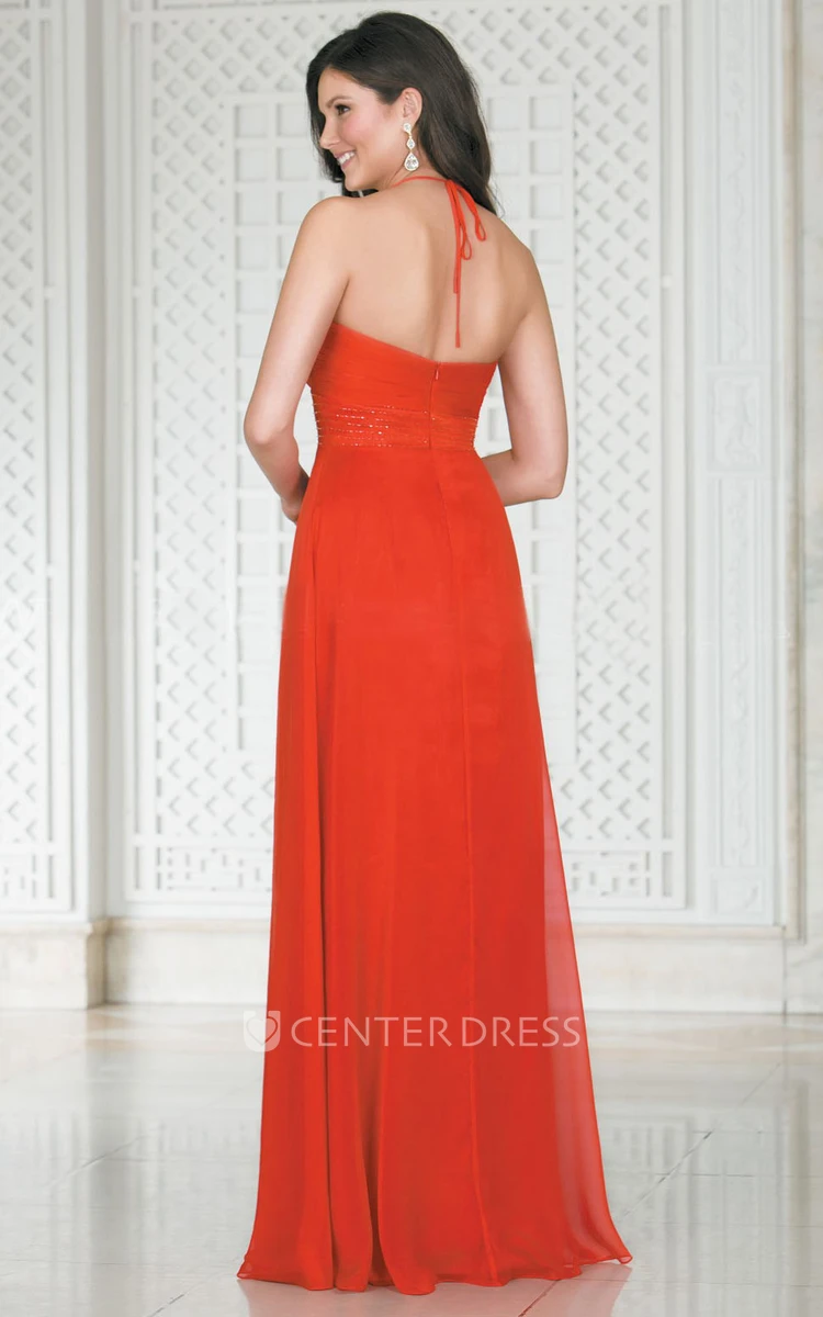 Halter A-Line Floor-Length Bridesmaid Dress With Beaded Waist And Open Back
