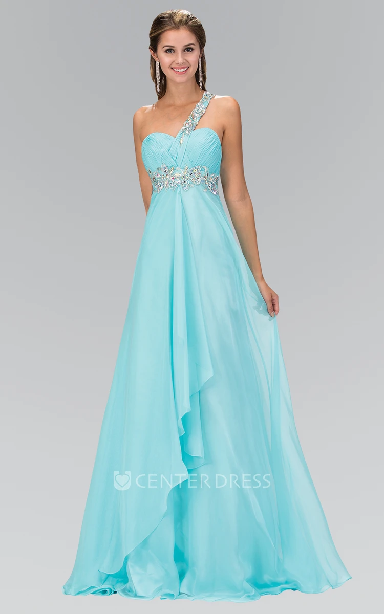 A-Line Long One-Shoulder Empire Chiffon Dress With Waist Jewellery And Draping