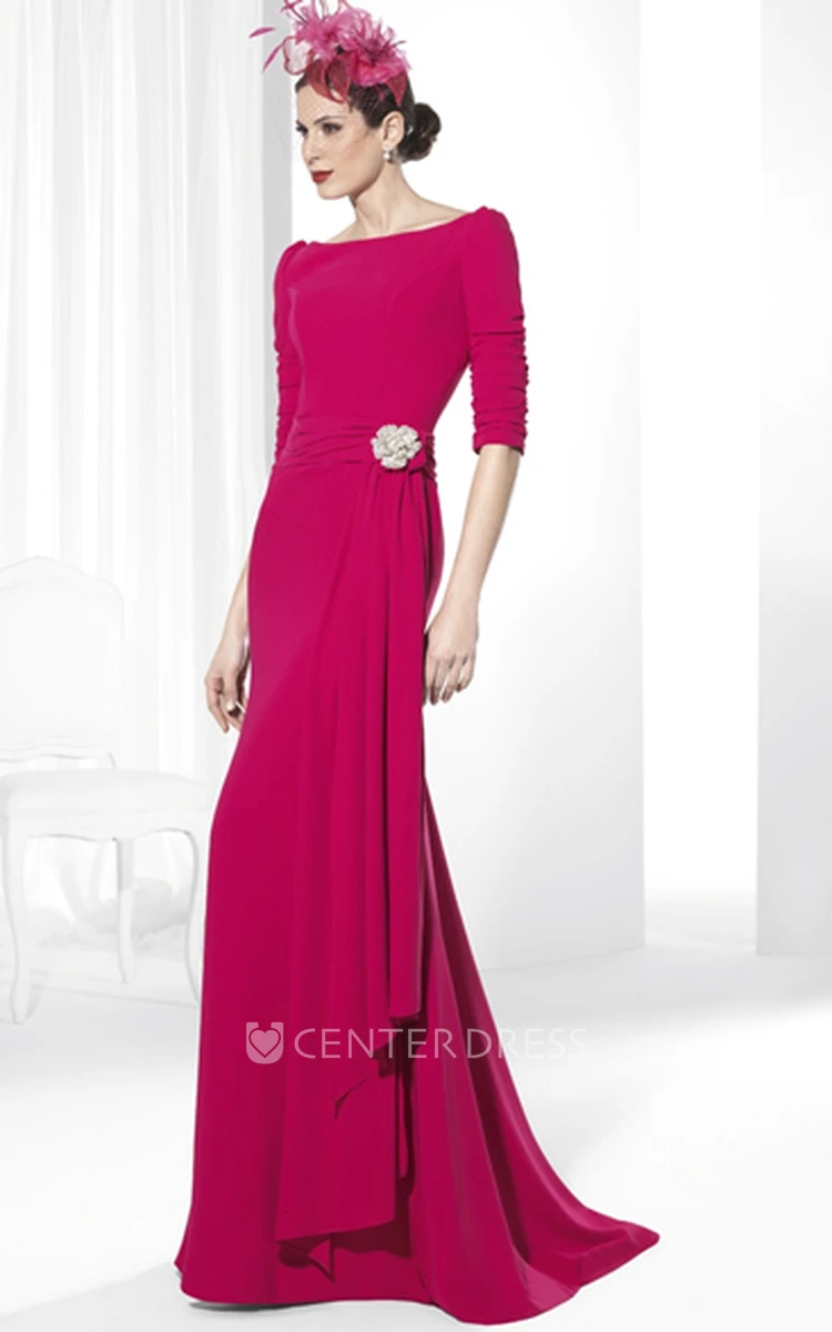 Half-Sleeve Long Scoop-Neck Broach Chiffon Prom Dress With Draping