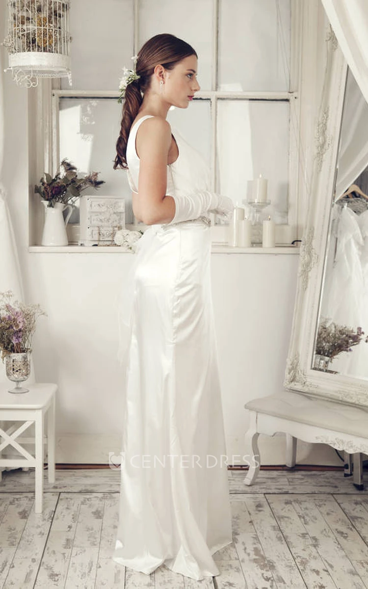 Sheath Maxi Sleeveless V-Neck Jeweled Satin Wedding Dress With Low-V Back And Bow