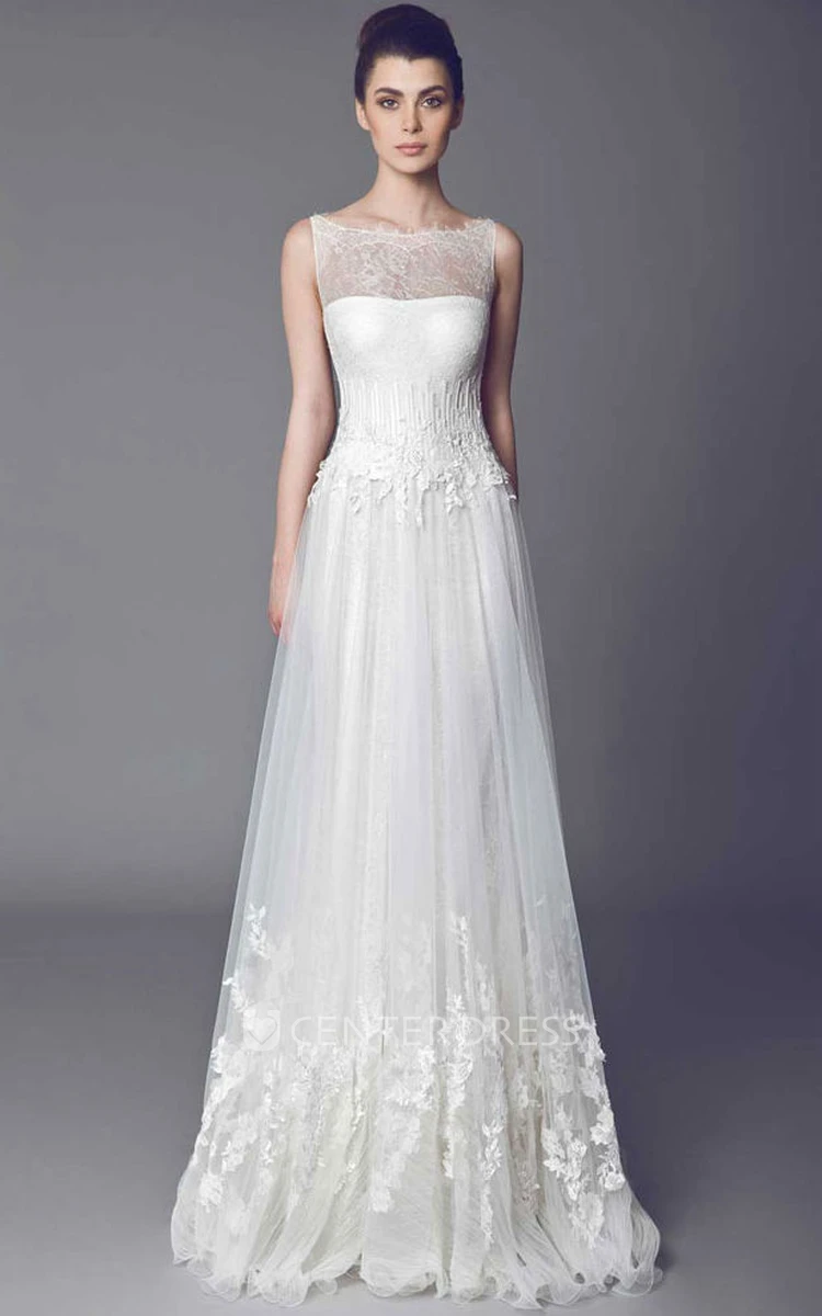 A-Line Sleeveless Appliqued Bateau Floor-Length Tulle Wedding Dress With Lace And Ruffles