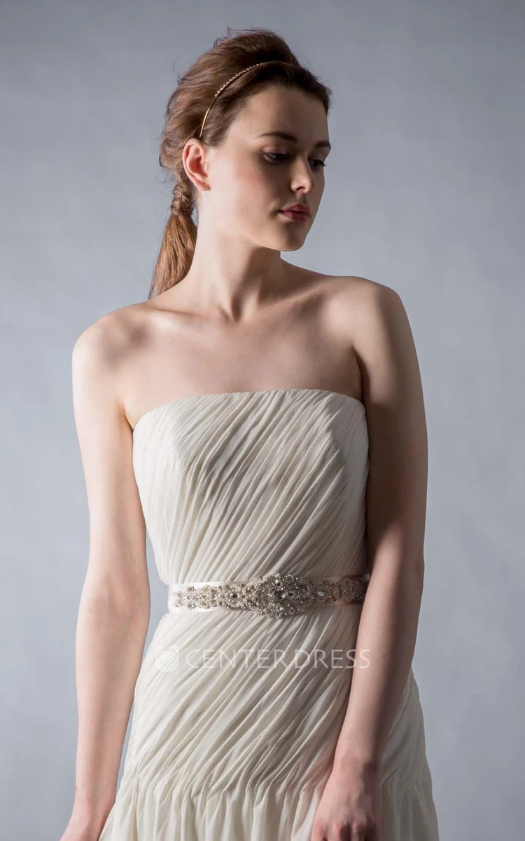 Maxi Strapless Bowed Ruched Chiffon Wedding Dress With Sweep Train