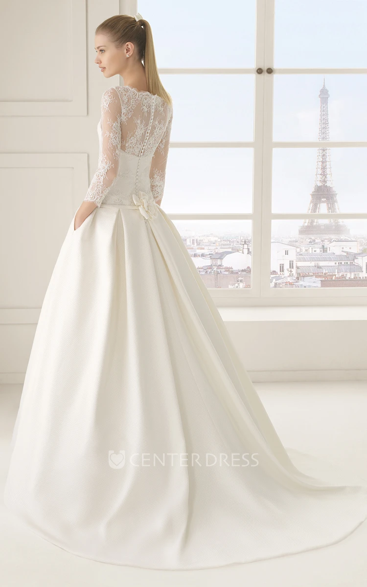 Illusion Neck and Back Dropped-Waistline Sation Gown With Lacy Bodice