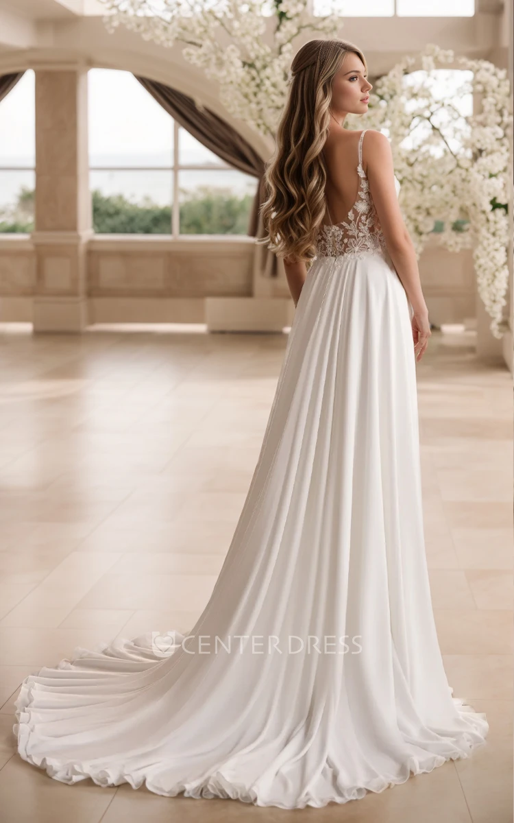 Sexy Beach Spaghetti Floor-length A-Line V-neck Lace Appliques Chiffon Wedding Dress Elegant Ethereal Sleeveless with Train Backless Zipper Bridal Gown