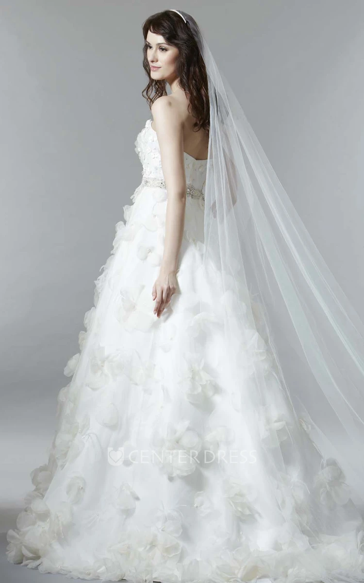 A-Line Sleeveless Floral Long Strapless Satin Wedding Dress With Low-V Back And Waist Jewellery
