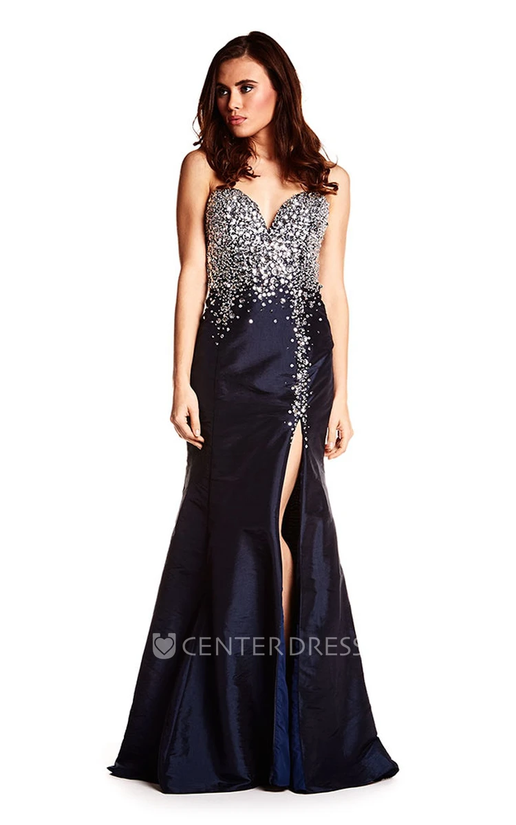 Sheath Crystal Sleeveless Floor-Length Sweetheart Satin Prom Dress With Backless Style And Split Front
