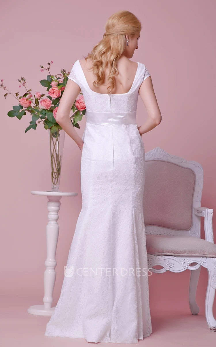 Cap-Sleeve Lace Mermaid Maternity Wedding Dress With Squared Neck and Sash