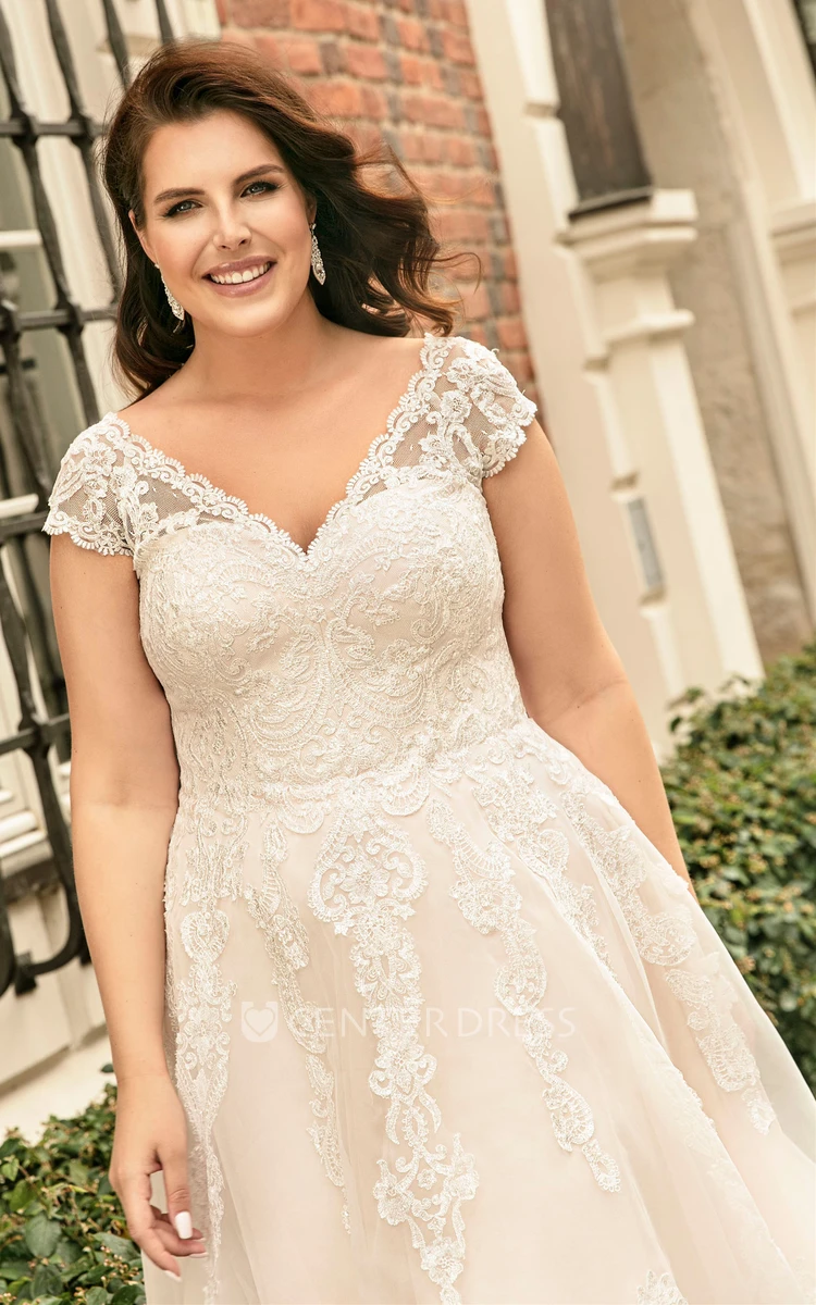 Sexy A Line Lace V-neck Short Sleeve Wedding Dress with Appliques 