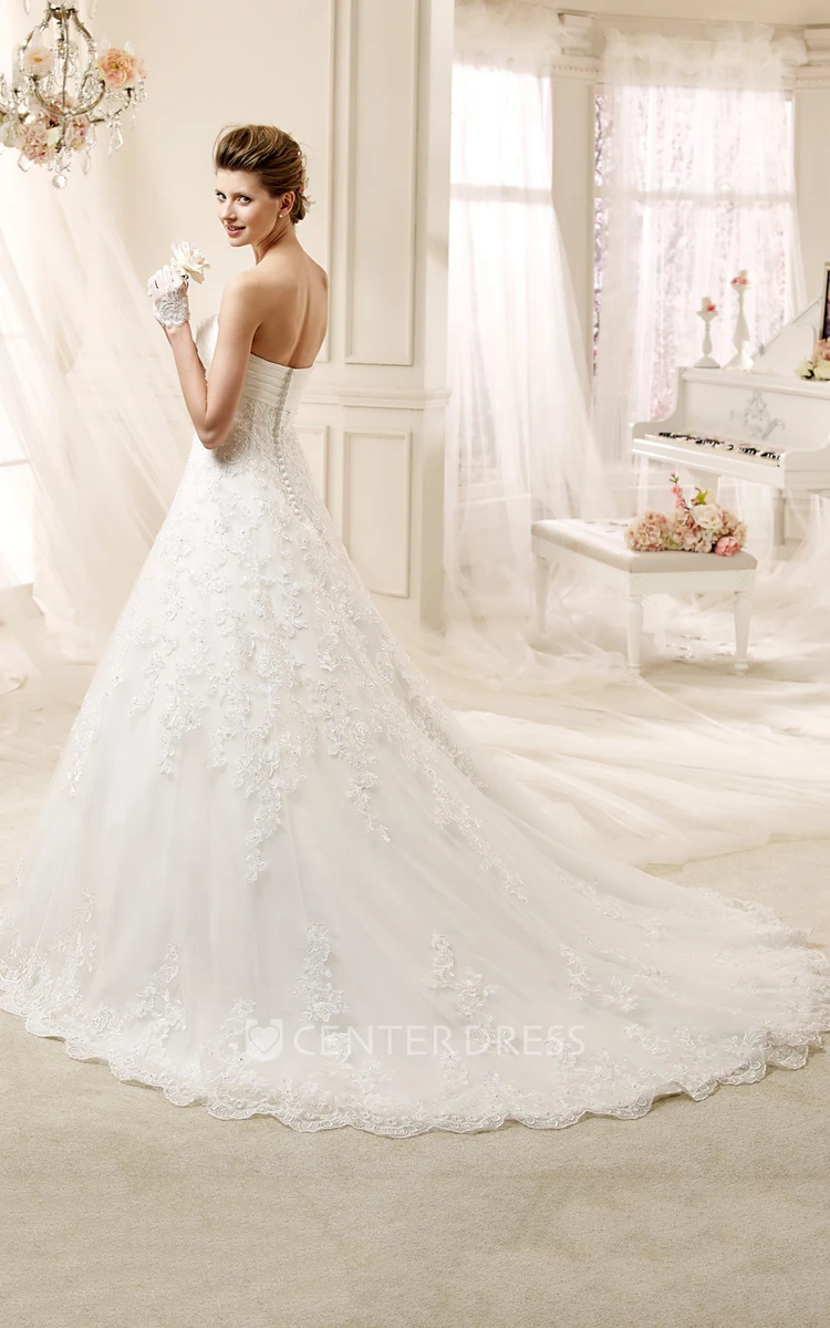 Strapless A-line Wedding Dress with Pleated Bust and Lace Appliques