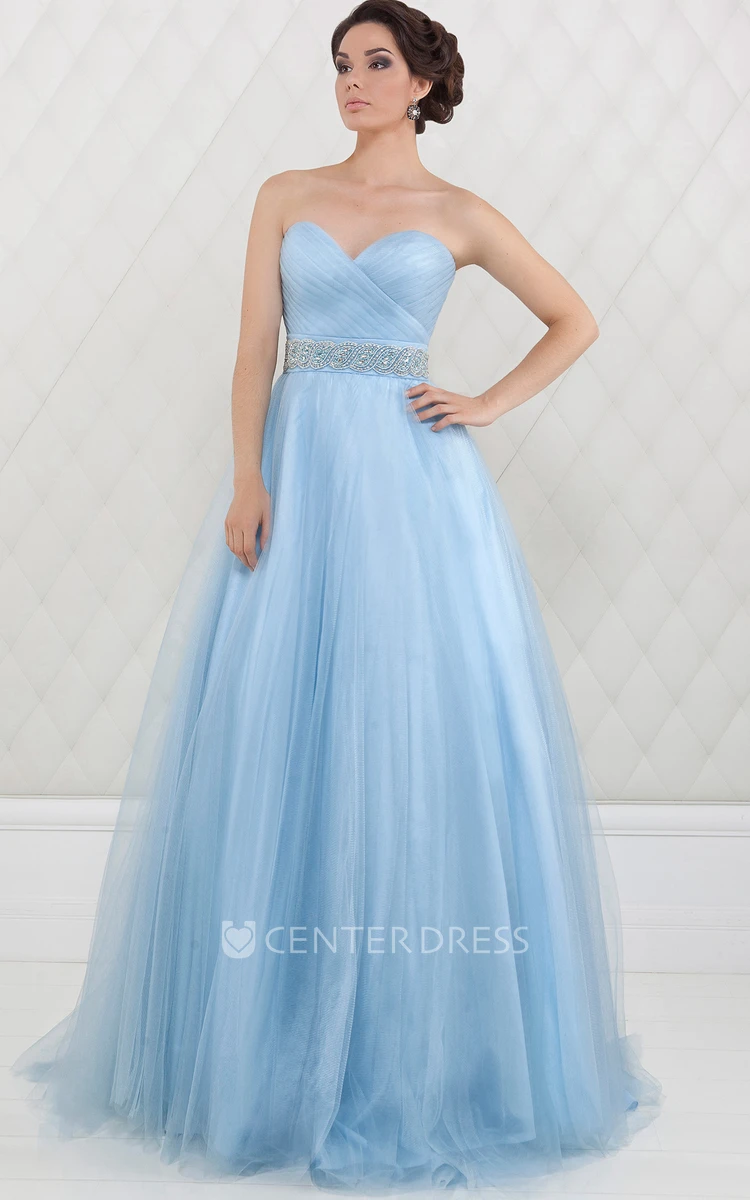 A-Line Sweetheart Criss-Cross Sleeveless Floor-Length Tulle Prom Dress With Waist Jewellery