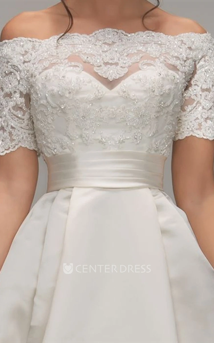 A-Line Off-The-Shoulder Short-Sleeve Satin Wedding Dress With Illusion