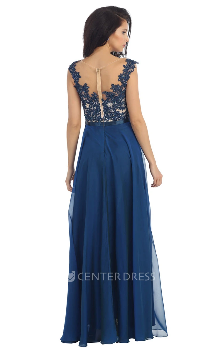 A-Line Scoop-Neck Cap-Sleeve Chiffon Illusion Dress With Appliques And Pleats