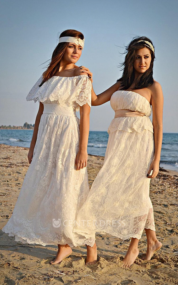Boho Off-The-Shoulder Empire Anckle-Length Lace Wedding Dress With Sash