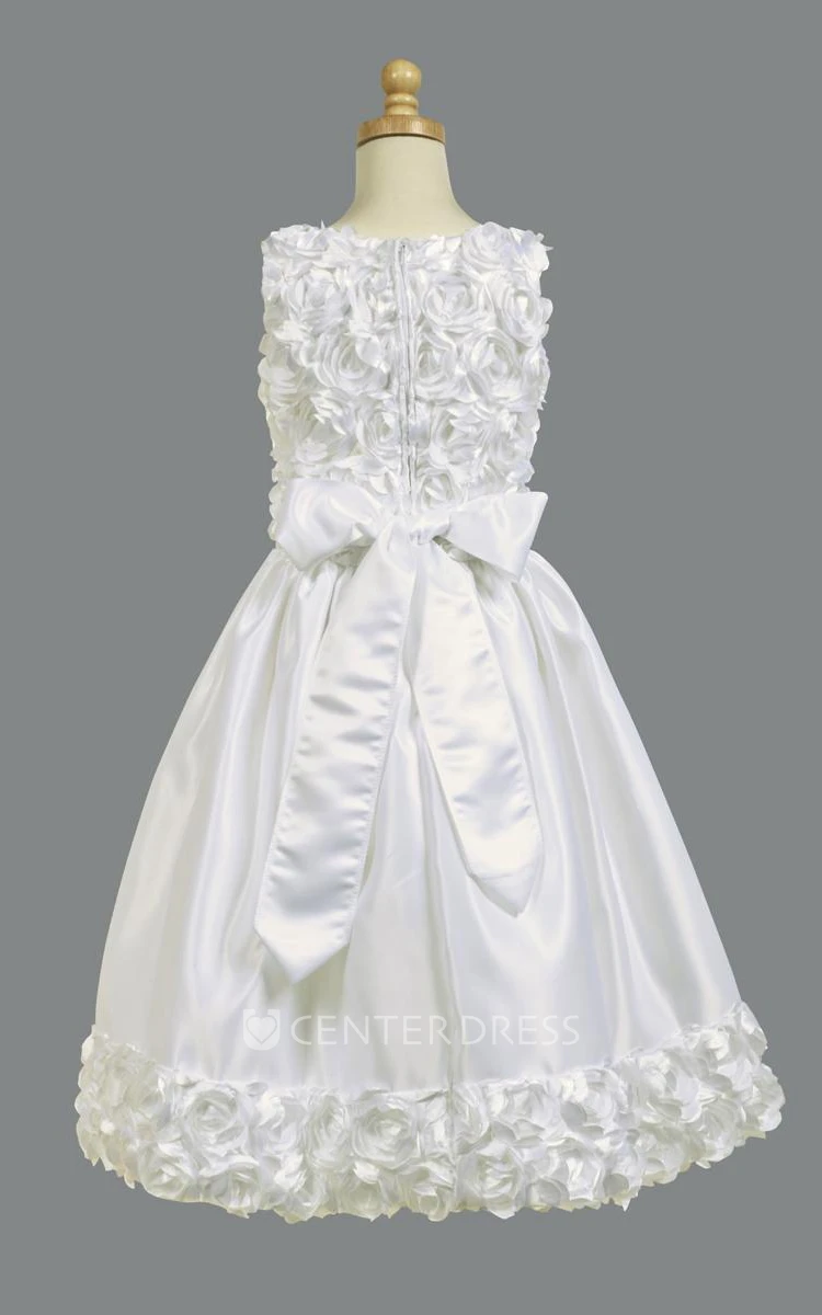 Tea-Length Floral Tiered Satin Flower Girl Dress With Embroidery
