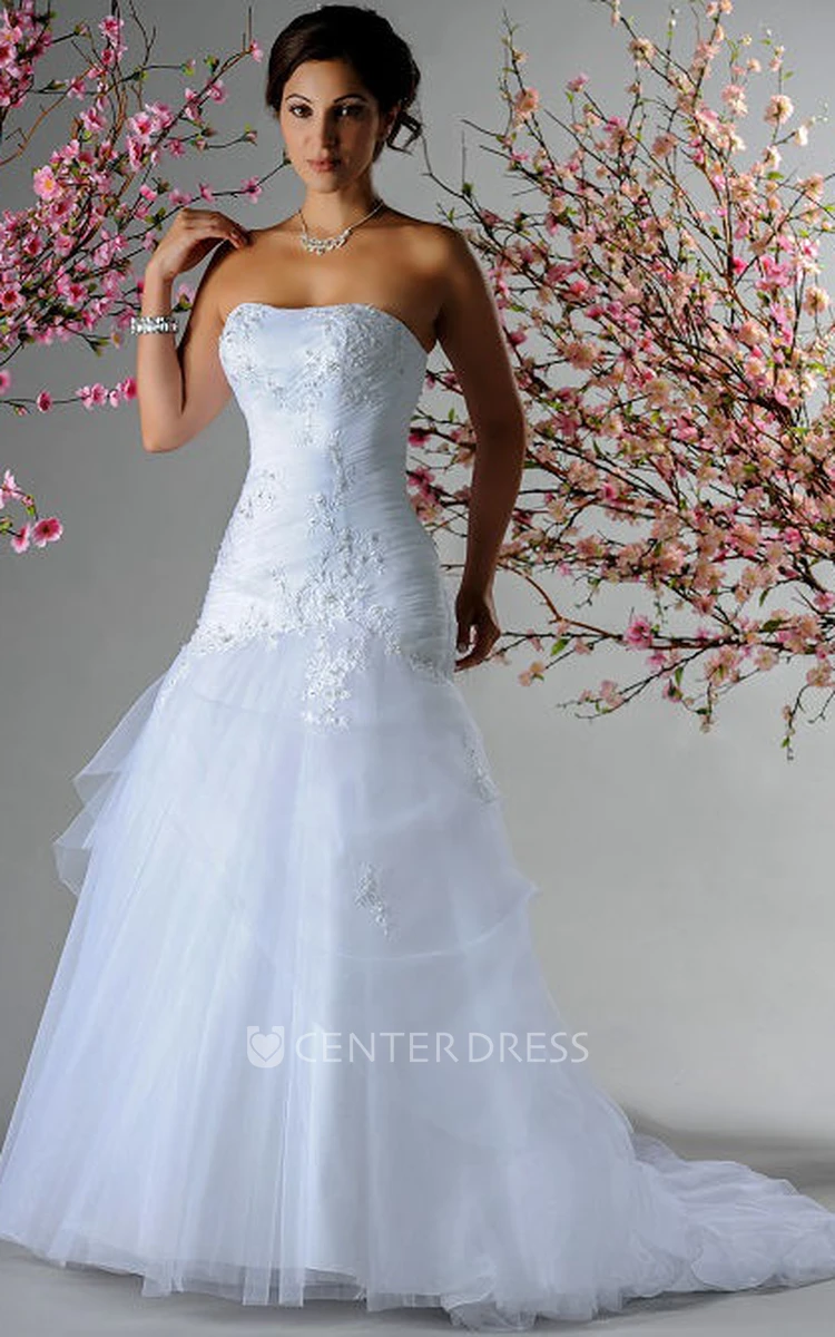 Strapless Applique Pearl Top Bridal Gown With Layered Tulle Skirt