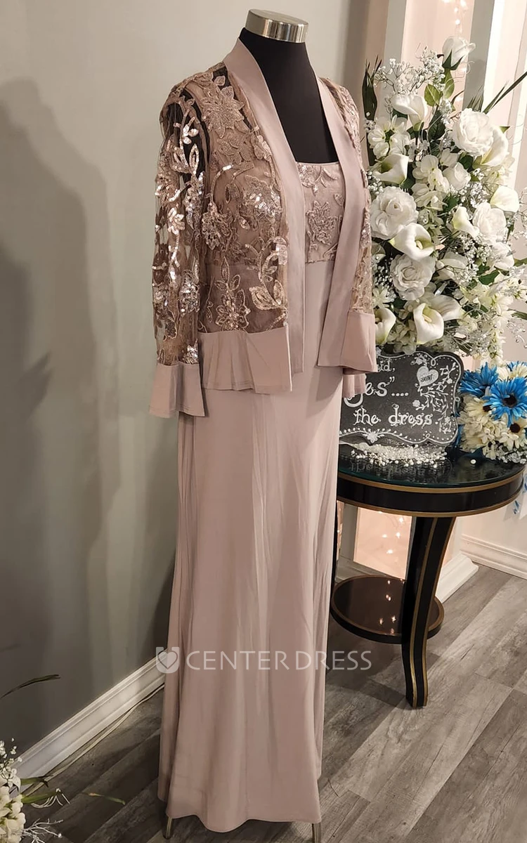 Chiffon A-Line Square Neckline Modest Mother Of The Bride Dress With Long Sleeve And Open Back