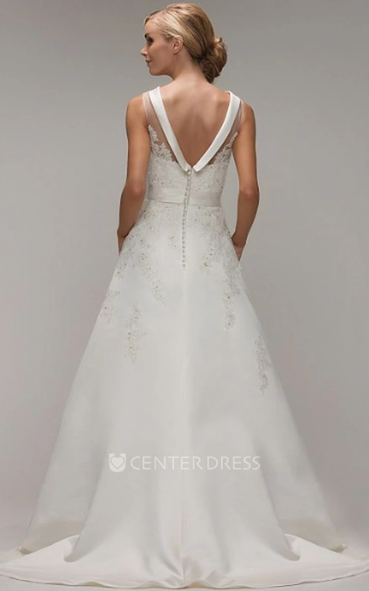 A-Line Appliqued Floor-Length Scoop-Neck Sleeveless Stretched Satin Wedding Dress With Waist Jewellery