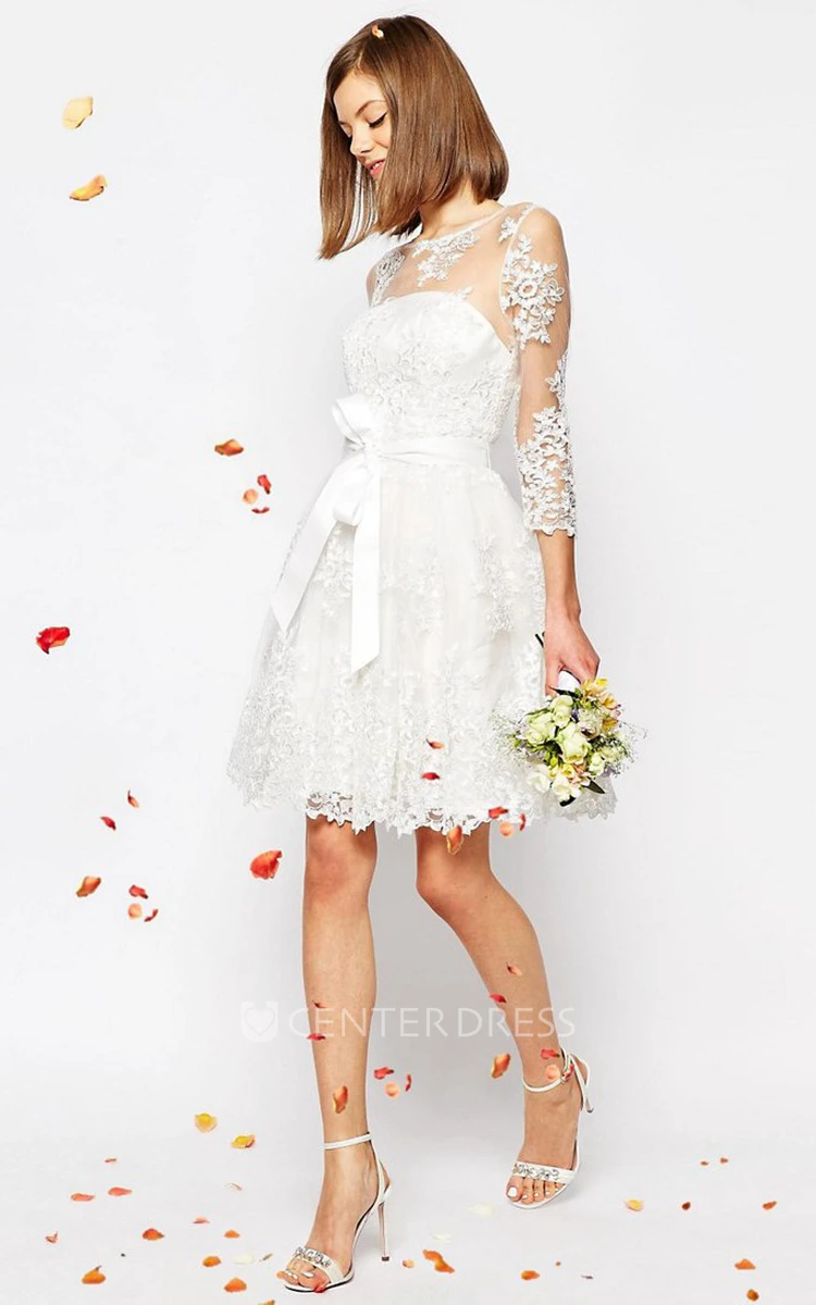 A-Line Scoop-Neck Long-Sleeve Short Lace Wedding Dress With Keyhole