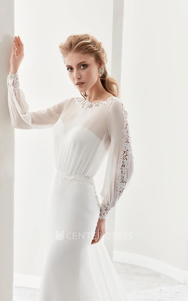 Long-Sleeve Jewel-Neck Sheath Gown With Illusion Design And Keyhole Back
