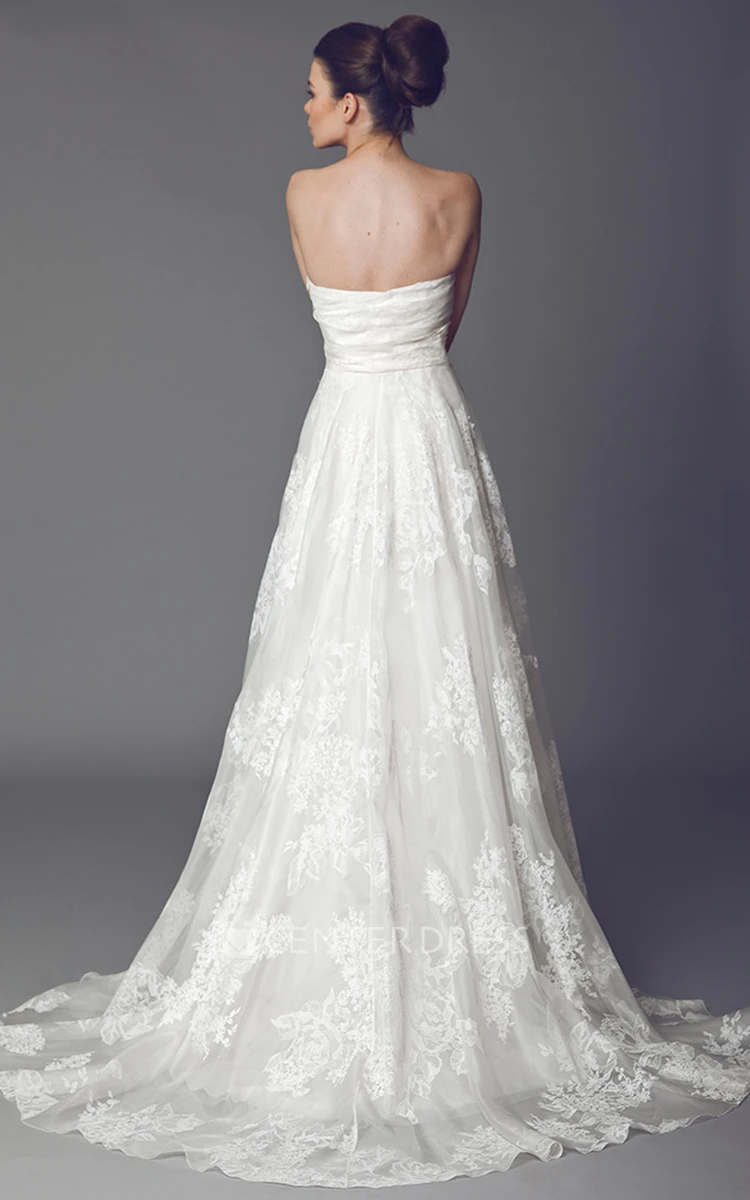 Strapless Maxi Appliqued Lace Wedding Dress With Sweep Train And V Back