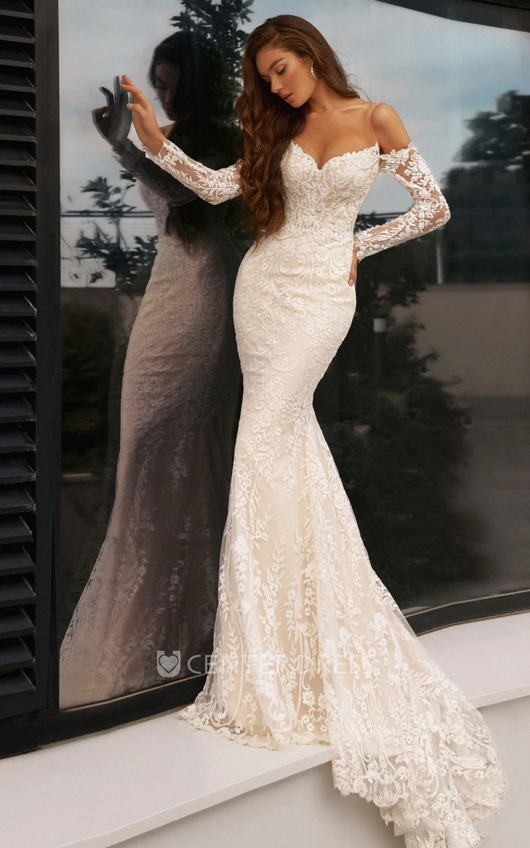 Lace Illusion Sleeve Mermaid Beach Wedding Dress with Off-Shoulder V-Neck and Appliques