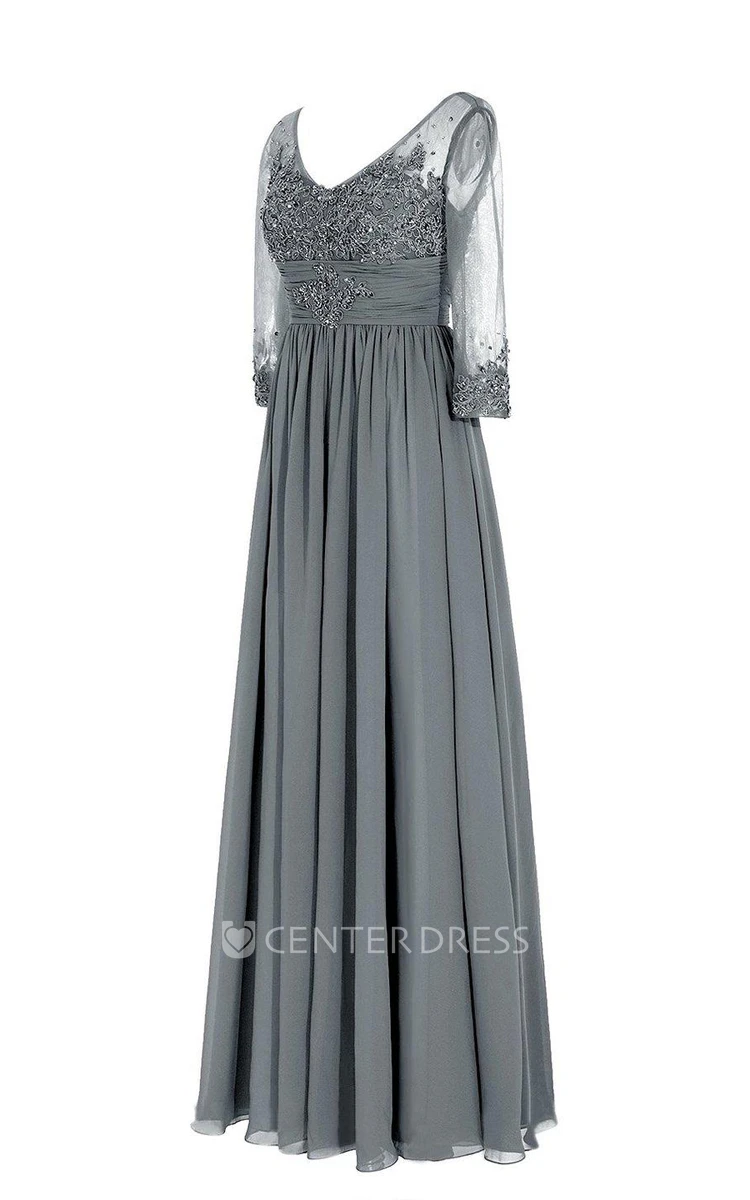 3 4 Sleeved V-neck Chiffon Gown With Illusion Sleeves