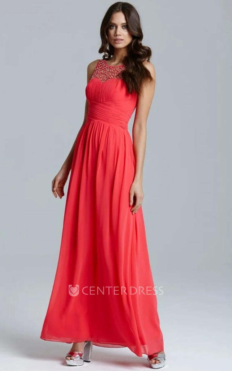Ankle-Length Scoop Neck Ruched Sleeveless Chiffon Bridesmaid Dress