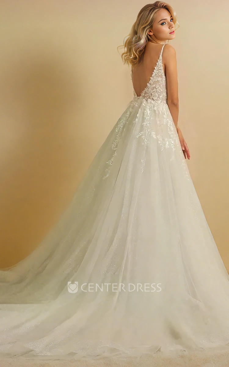 Bohemian Elegant Floral A-Line Lace Ball Gown Sleeveless Wedding Dress Ethereal Romantic Tulle Deep-V Back Bridal Gown
