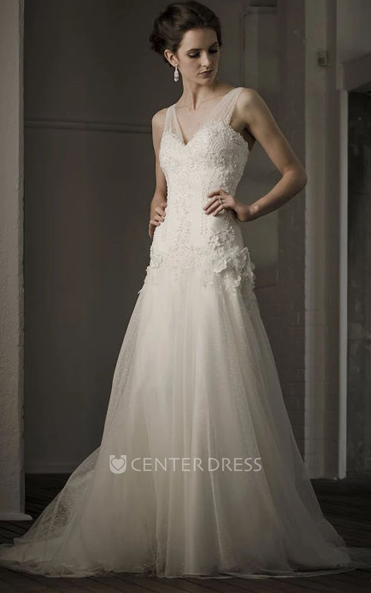 A-Line Floor-Length Appliqued V-Neck Sleeveless Tulle Wedding Dress With Deep-V Back And Flower